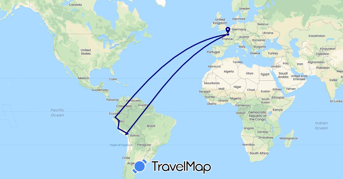 TravelMap itinerary: driving in Ecuador, France, Peru (Europe, South America)